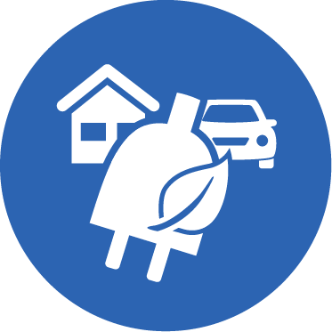 Icon mit Haus, Auto und Stecker mit Blatt, steht für die Kombi aus Haushalts- und Ladestrom.
